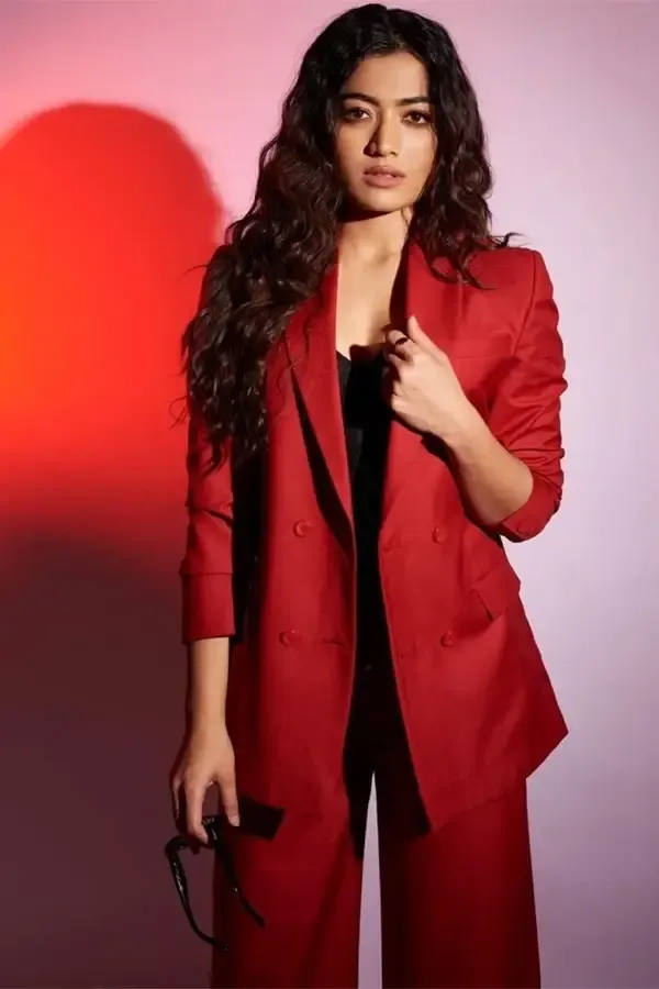 Indian Girl Rashmika Mandanna Curly Hair Images in Maroon Dress